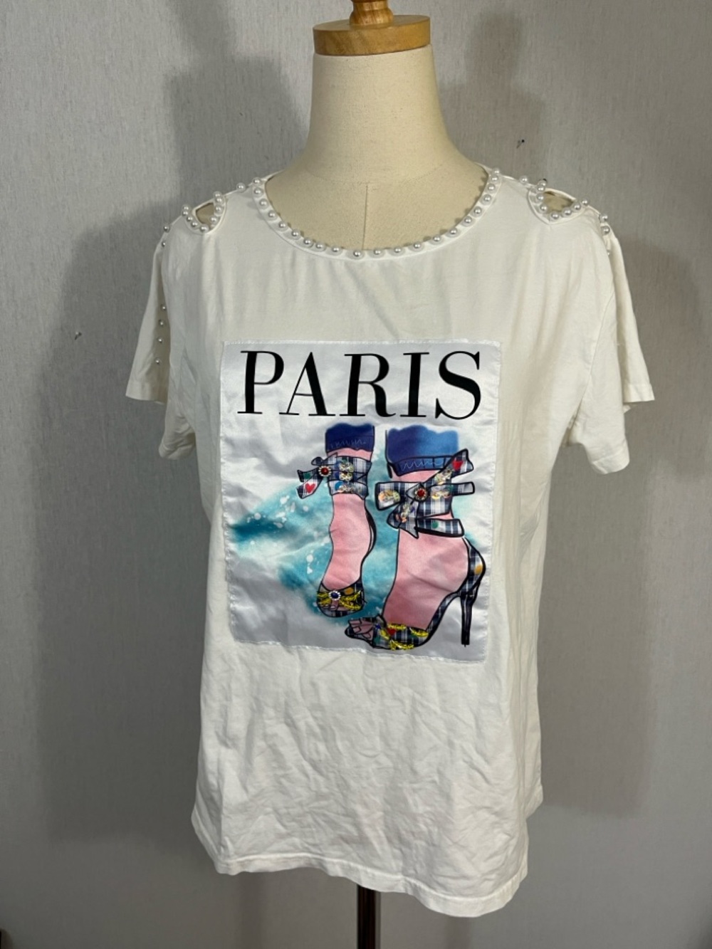 White 'PARIS' Graphic Tee with Pink Shoe Print and Pearl Trim